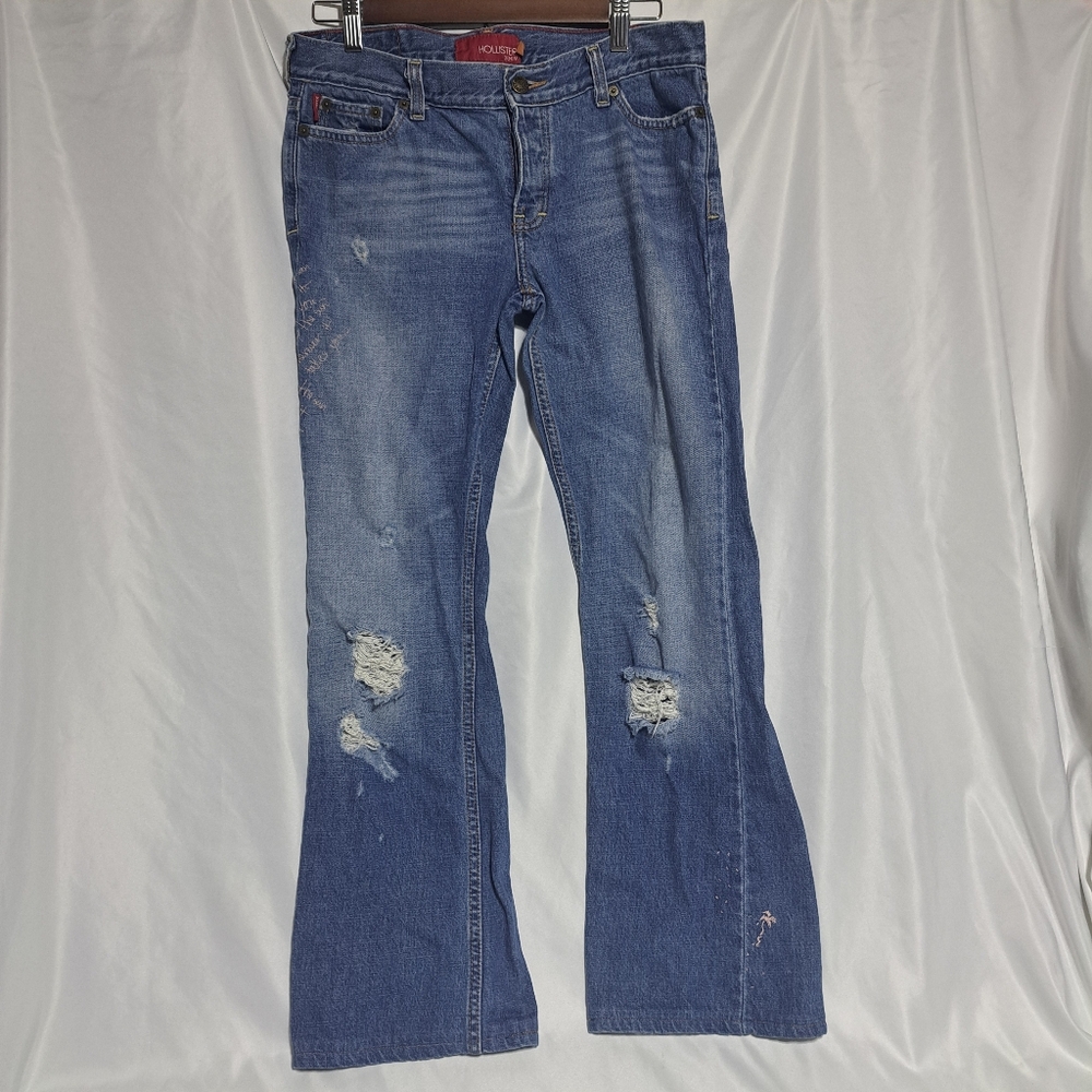 Hollister‎ Y2K Juniors Size 7 Distressed Flare Denim Embroidered  Follow The Sun